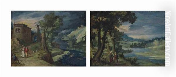 A River Landscape With The Supper At Emmaus; And A River Landscape With The Temptation Of Christ Oil Painting by Paul Bril