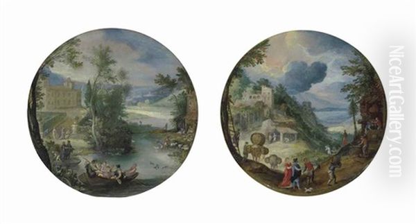 Autumn: A Wooded Landscape With Apples Being Harvested In The Foreground, A Villa And Lake Beyond (+ Spring: Elegantly Dressed Figures Playing Music In A Rowboat In The Foreground; Pair) Oil Painting by Paul Bril