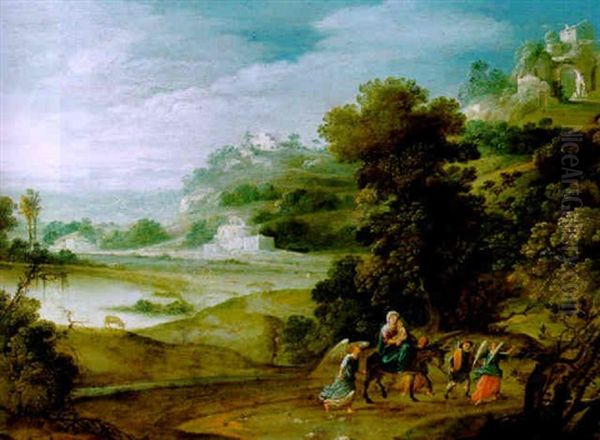 Gebirgige Fluslandschaft Mit Der Flucht Nach Agypten Oil Painting by Paul Bril