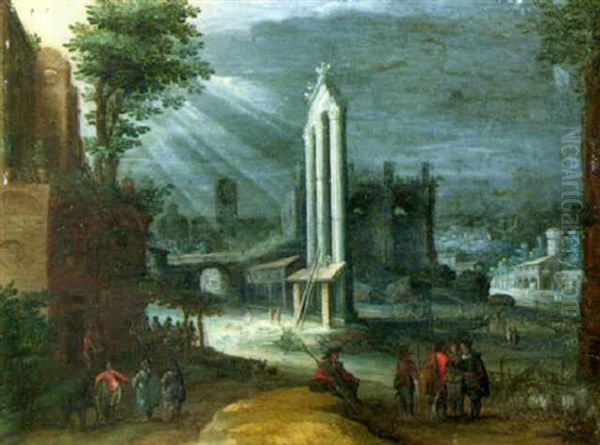 A Capriccio Of The Campo Vaccino,rome, With Shepherds Conversing Oil Painting by Paul Bril