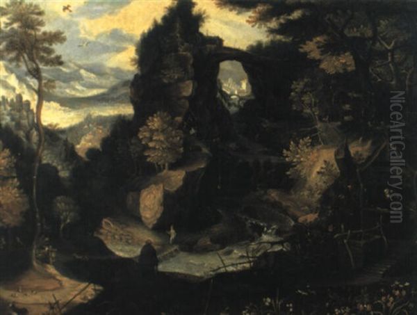 Bewaldete Gebirglandschaft Mit Einsiedlern Oil Painting by Paul Bril