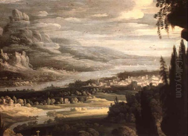 An Extensive Italianate River Landscape Oil Painting by Paul Bril