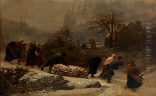 A Winter Funeral Oil Painting by Brion, Gustave