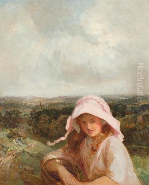 Girl With Pink Bonnet In An Extensive Landscape Oil Painting by Walter Herbert Allcott