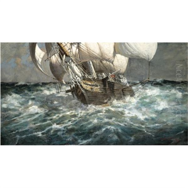 A Brig In Stormy Weather Oil Painting by Arthur John Trevor Briscoe