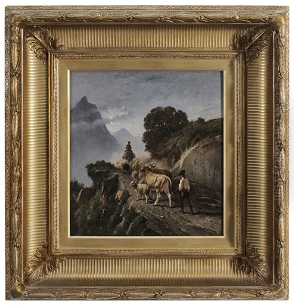 Herders On A Mountain Pass Oil Painting by Felix Saturnin Brissot de Warville
