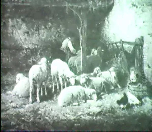 Sheep In A Stable Oil Painting by Franck Brissot