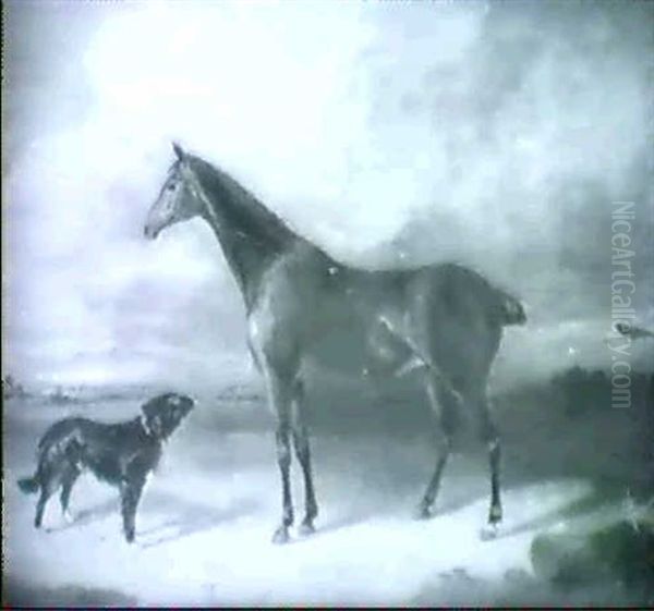 A Chestnut Hunter And A Sheepdog In A Landscape Oil Painting by Edmund Bristow