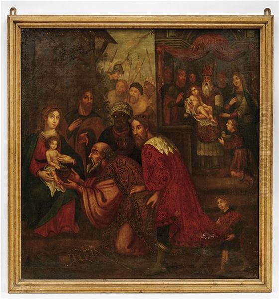 Adoracao Dos Reis Magos E Apresentacao De Jesus No Templo Oil Painting by Simao de Brito
