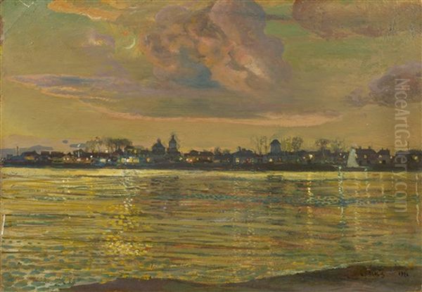 View Of A Town From The River Bank Oil Painting by Isaak Izrailevich Brodsky