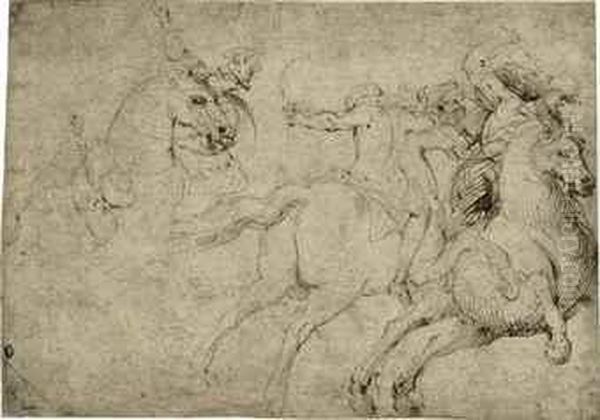 Mounted Soldiers In The Midst Of Battle Oil Painting by Francesco Allegrini