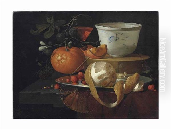 A Partially Peeled Orange, Strawberries And Other Fruit With A Wine Glass And Wan-li Bowl On A Partially Draped Stone Ledge Oil Painting by Elias van den Broeck