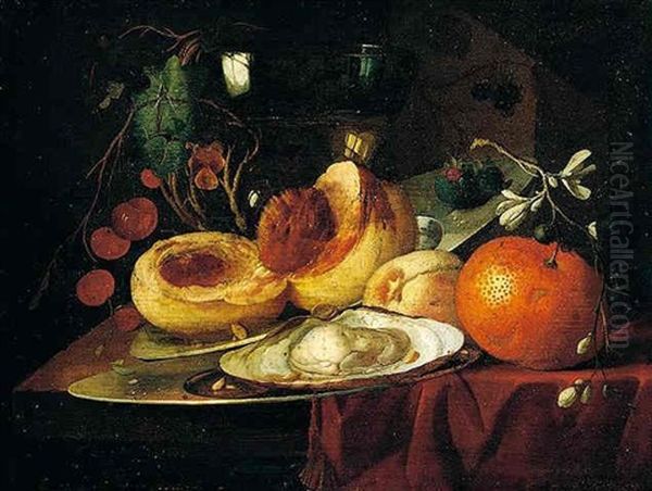 A Still Life Of Peaches, An Orange, Cherries, And An Oyster, Together With A Roemer, All Resting On A Table Oil Painting by Elias van den Broeck