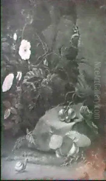 A Forest Floor Still Life Of Wild Roses, Vines And Toad-    Stools With A Red Admiral, A Snail, Caterpillars & Flies Oil Painting by Elias van den Broeck