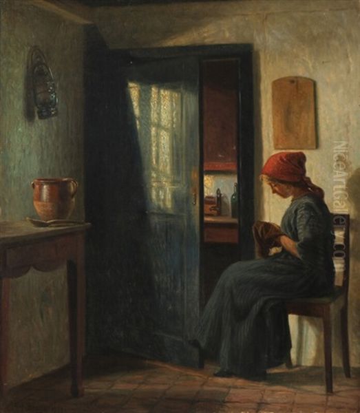 A Woman Sewing In The Doorway Oil Painting by Karl Harald Alfred Broge