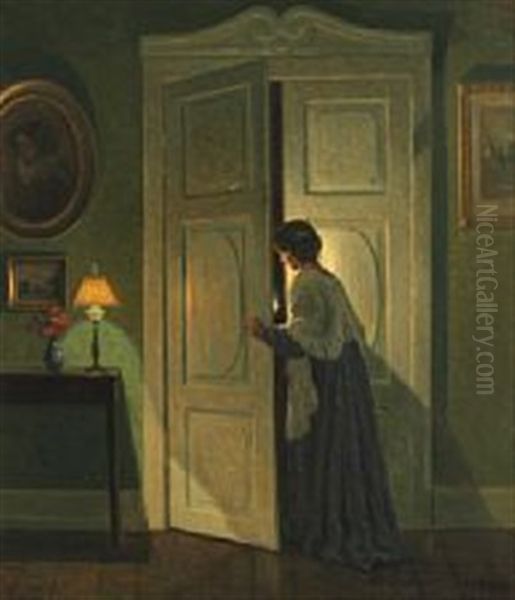 Doorway With Back Turned Woman In The Light Of A Candle Oil Painting by Karl Harald Alfred Broge