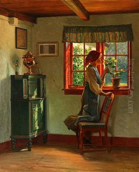 Country Interior With A Girl Who Smells A Flower Oil Painting by Karl Harald Alfred Broge