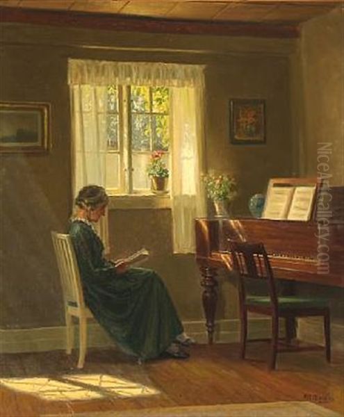 Interior With A Woman Who Reads Oil Painting by Karl Harald Alfred Broge