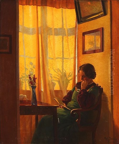 Interior With A Woman Reading At A Window Oil Painting by Karl Harald Alfred Broge