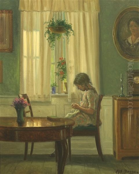 Interior With Young Girl By Window Oil Painting by Karl Harald Alfred Broge
