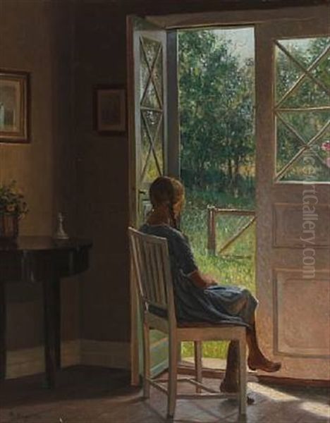 Interior With A Girl, Looking Out Into The Garden Oil Painting by Karl Harald Alfred Broge
