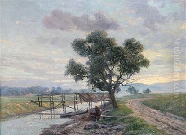Landscape With A Fisherman At A Stream Oil Painting by Karl Harald Alfred Broge