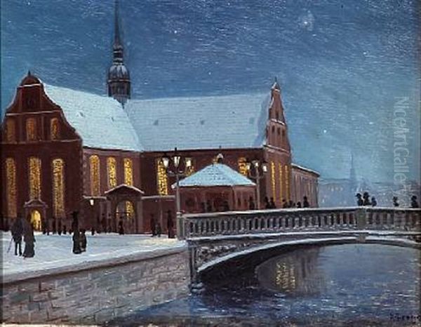 Winter Night At Holmens Church In Copenhagen Oil Painting by Karl Harald Alfred Broge