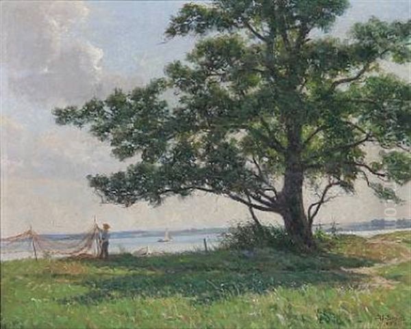 View From Rorvig With A Fisherman On The Beach, Denmark Oil Painting by Karl Harald Alfred Broge
