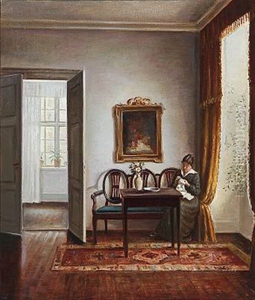 Sunny Interior With A Knitting Woman Oil Painting by Karl Harald Alfred Broge