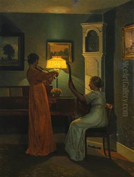 Empire Interior With Women Playing Music Oil Painting by Karl Harald Alfred Broge