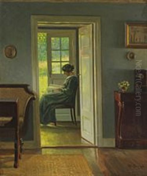 Interior With Reading Woman Oil Painting by Karl Harald Alfred Broge
