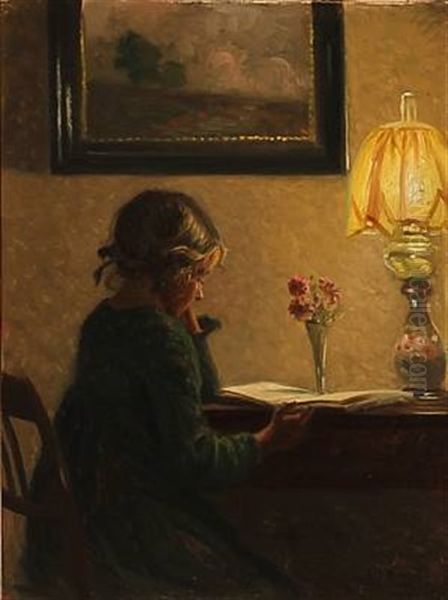 Interior With A Girl Reading Oil Painting by Karl Harald Alfred Broge