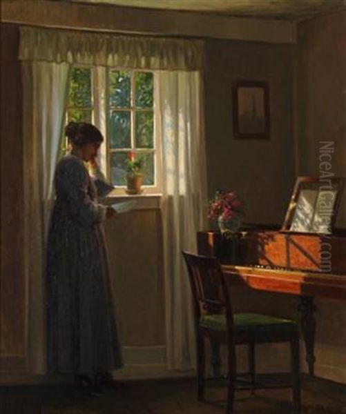 Woman Reading A Letter In A Sunny Living Room Oil Painting by Karl Harald Alfred Broge