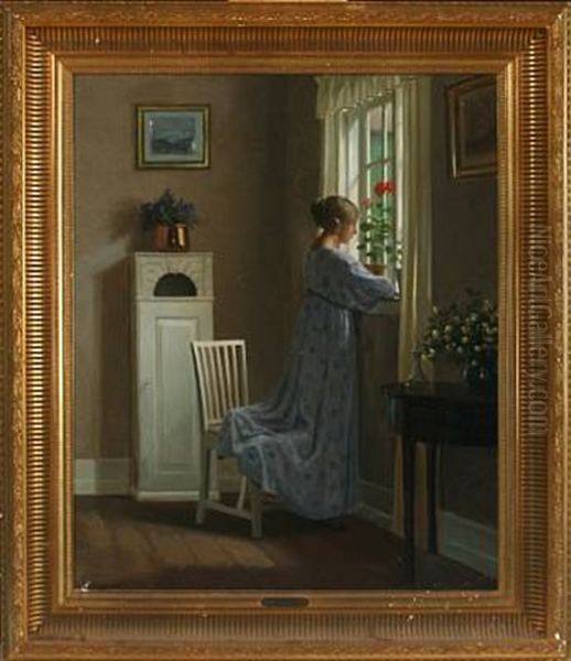 Interior With A Young Female Oil Painting by Karl Harald Alfred Broge