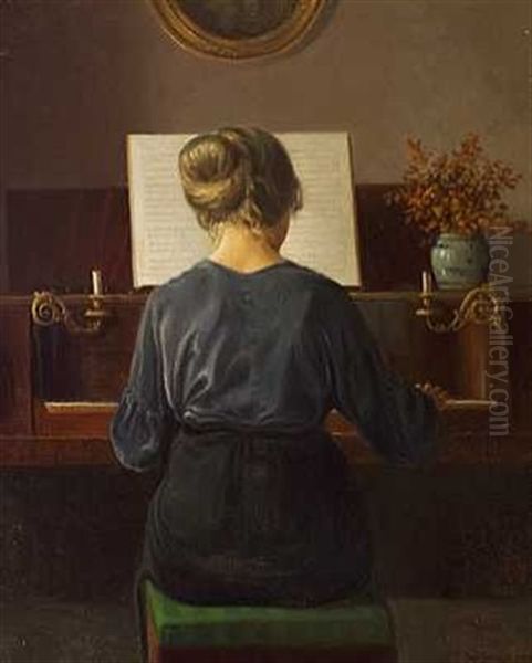 Interior Med En Ung Rygvendt Pige Siddende Ved Et Klaver Oil Painting by Karl Harald Alfred Broge