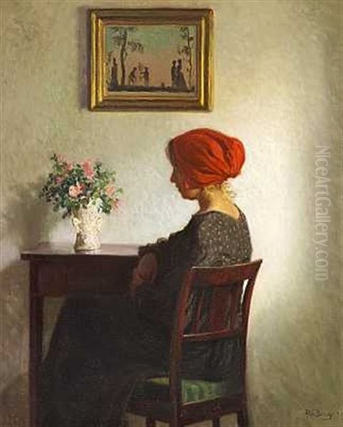 Interior Med En Pige Med Et Rodt Torklaede Oil Painting by Karl Harald Alfred Broge
