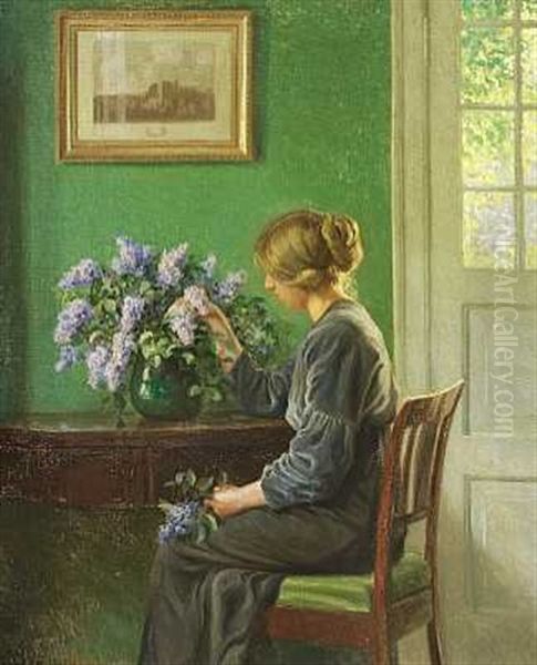Interior Med Siddende Kvinde, Der Betragter En Syrenbuket Oil Painting by Karl Harald Alfred Broge