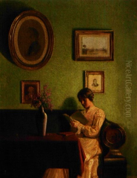 Interior Med Kunstnerens Hutru Laesende I En Sofa Oil Painting by Karl Harald Alfred Broge