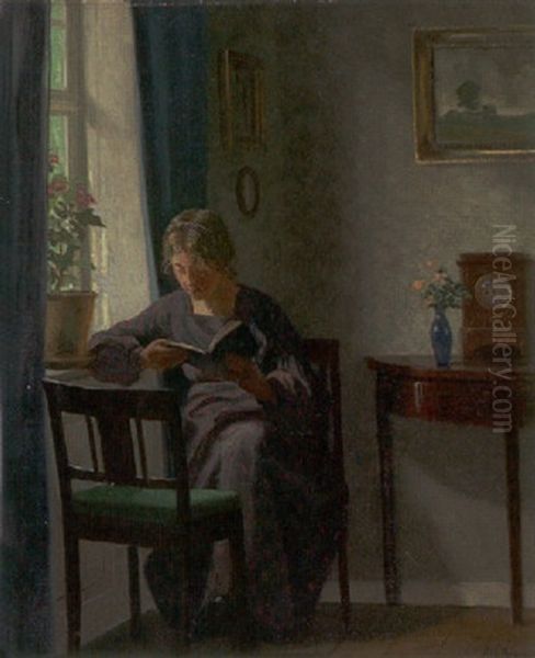 Stueinterior Med Laesende Kvinde Oil Painting by Karl Harald Alfred Broge