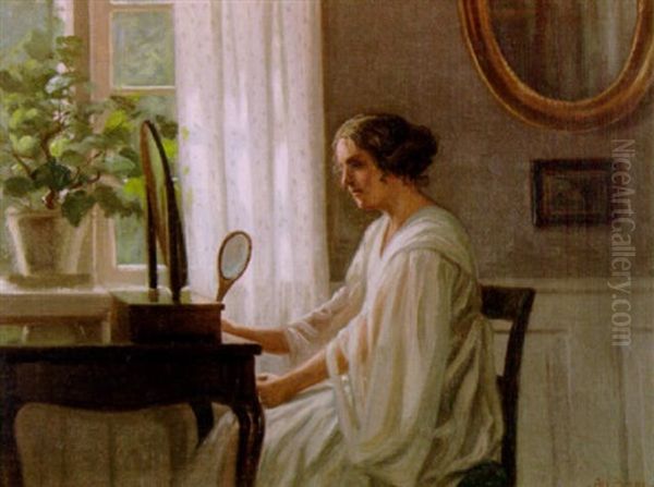 Interior Med Kvinna Vid Spegel Oil Painting by Karl Harald Alfred Broge