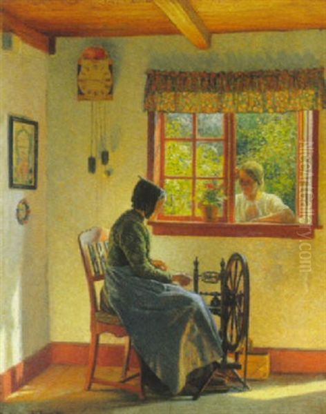 Almueinterior Med Kvinde Ved Rokken, I Vinduet Ung Kvinde Der Kigger Pa Oil Painting by Karl Harald Alfred Broge
