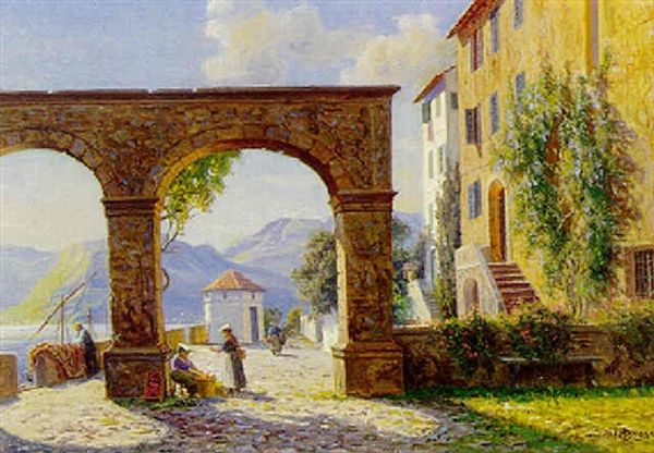 Parti Fra Italiensk Bjerglandsby Med Personer Oil Painting by Karl Harald Alfred Broge