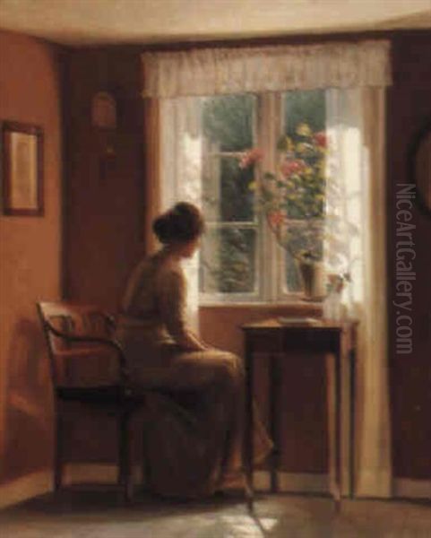 A Woman At A Window Oil Painting by Karl Harald Alfred Broge