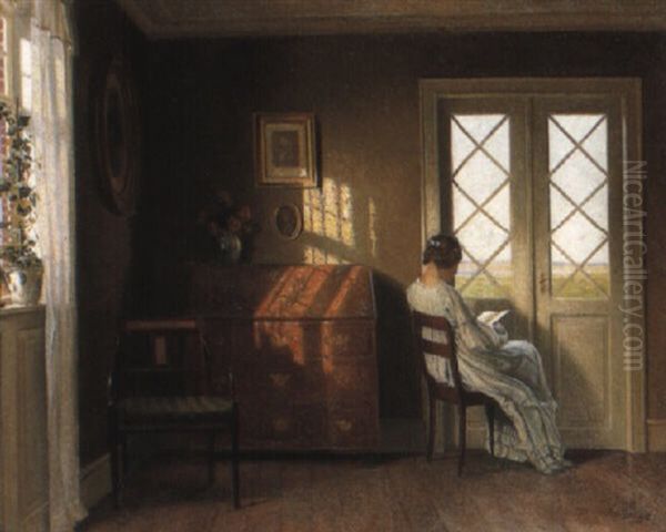 A Woman Reading At A Window Oil Painting by Karl Harald Alfred Broge