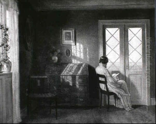 Interior Med Laesende Pige, Sollys Oil Painting by Karl Harald Alfred Broge