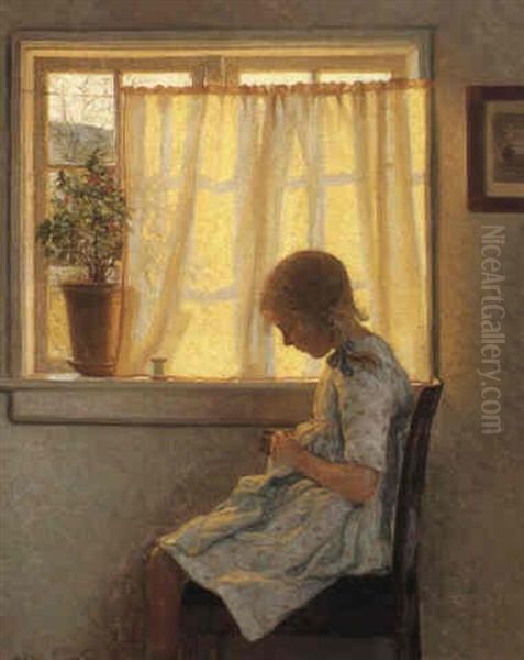 Knitting By A Window Oil Painting by Karl Harald Alfred Broge