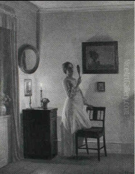 Ung Pige Der Spejler Ved Stearinlysets Skaer Oil Painting by Karl Harald Alfred Broge