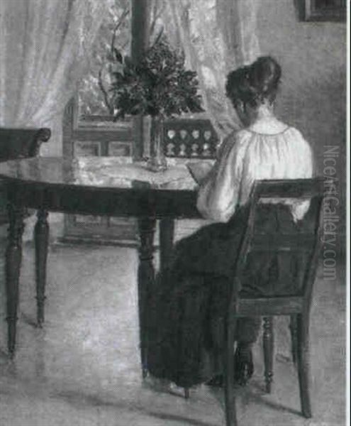 Interior Med Laesende Kvinde Ved Rundt Bord Med Udsigt Til  Haven Gennem Terassedoren Oil Painting by Karl Harald Alfred Broge