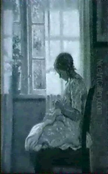 Interior Med Lille Pige Med Sytoj Oil Painting by Karl Harald Alfred Broge