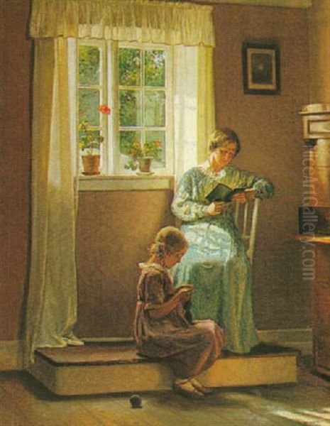 The Artist's Wife And Daughter Oil Painting by Karl Harald Alfred Broge